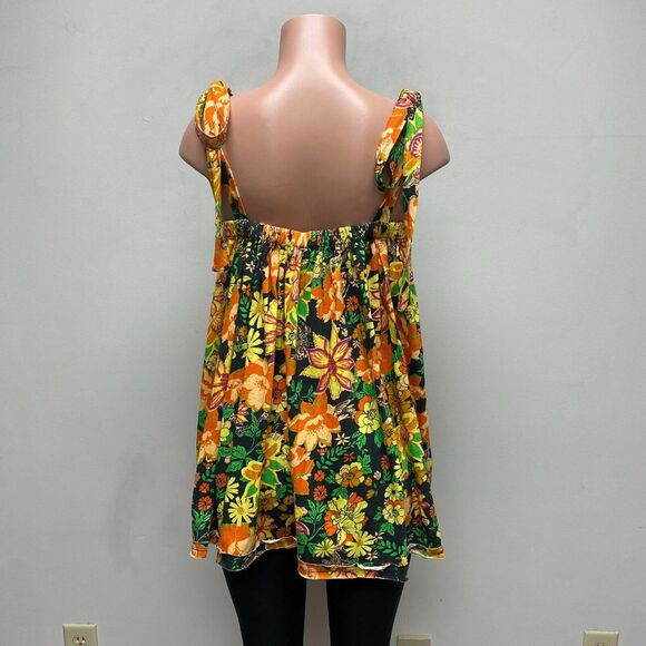 Free People‎ Womens Yellow Bali Moroccan Flowers Lace Front Bow Tie Tunic Top S - Picture 4 of 8